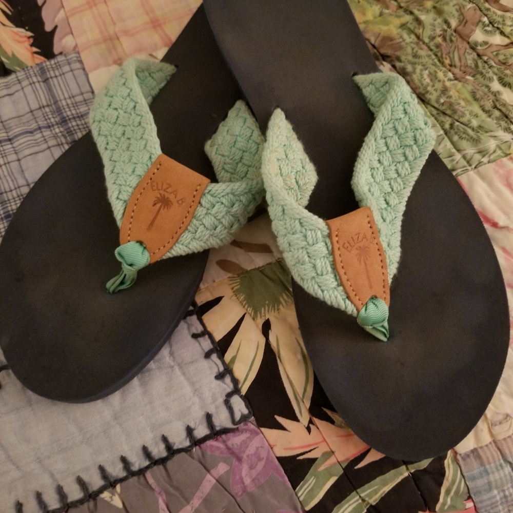 Eliza B flip flops aqua blue green woven